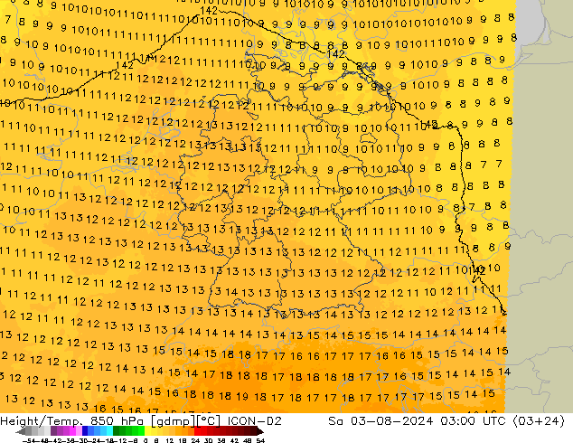 Hoogte/Temp. 850 hPa ICON-D2 za 03.08.2024 03 UTC