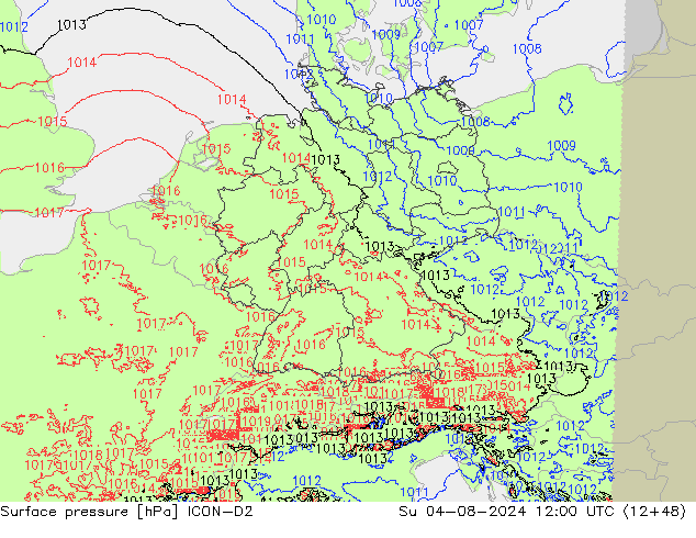 Luchtdruk (Grond) ICON-D2 zo 04.08.2024 12 UTC