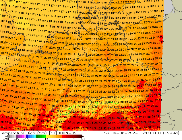Temperature High (2m) ICON-D2 星期日 04.08.2024 12 UTC