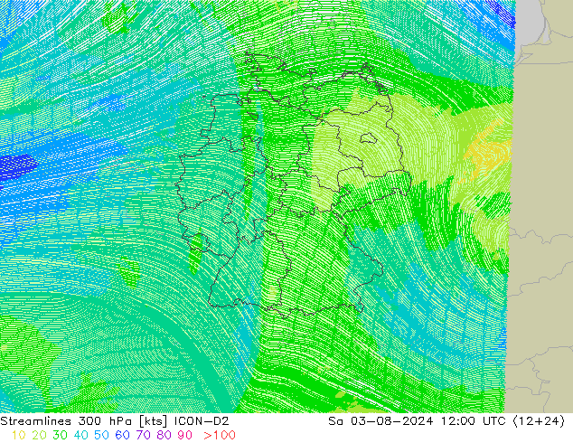 Stroomlijn 300 hPa ICON-D2 za 03.08.2024 12 UTC