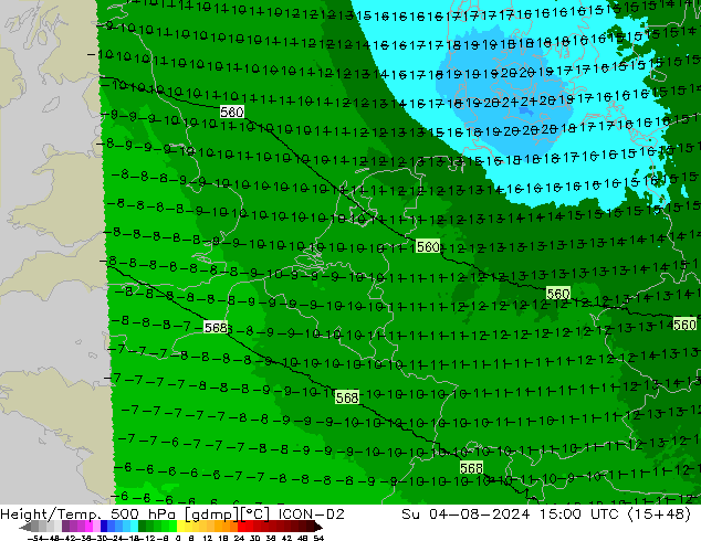 Hoogte/Temp. 500 hPa ICON-D2 zo 04.08.2024 15 UTC