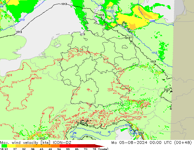 Max. wind velocity ICON-D2 星期一 05.08.2024 00 UTC