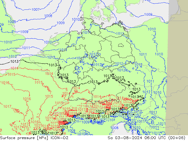 Luchtdruk (Grond) ICON-D2 za 03.08.2024 06 UTC