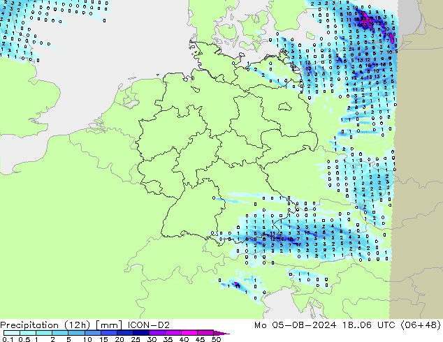 降水量 (12h) ICON-D2 星期一 05.08.2024 06 UTC