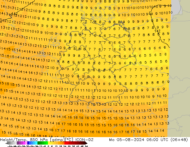 Hoogte/Temp. 850 hPa ICON-D2 ma 05.08.2024 06 UTC