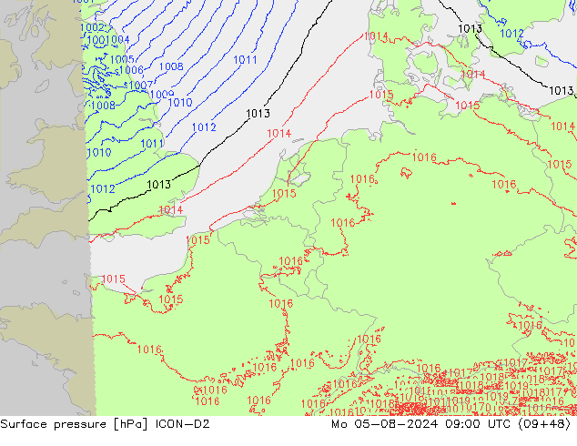 地面气压 ICON-D2 星期一 05.08.2024 09 UTC