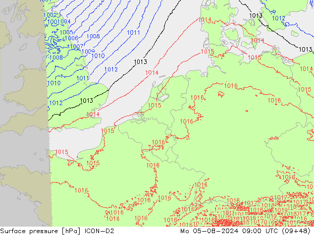 Luchtdruk (Grond) ICON-D2 ma 05.08.2024 09 UTC