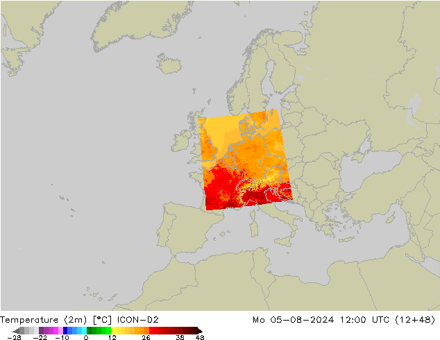 Temperatuurkaart (2m) ICON-D2 ma 05.08.2024 12 UTC