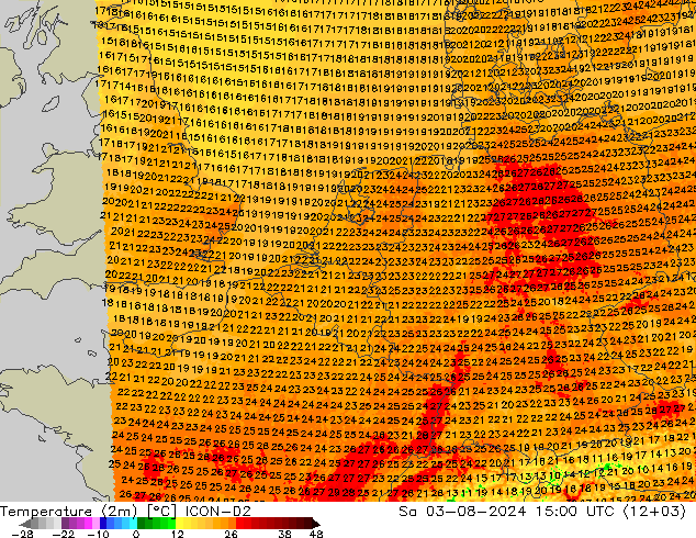 温度图 ICON-D2 星期六 03.08.2024 15 UTC