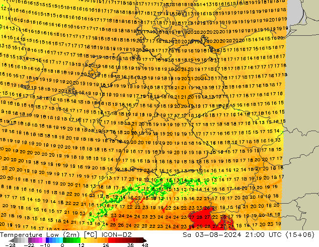 Min.temperatuur (2m) ICON-D2 za 03.08.2024 21 UTC