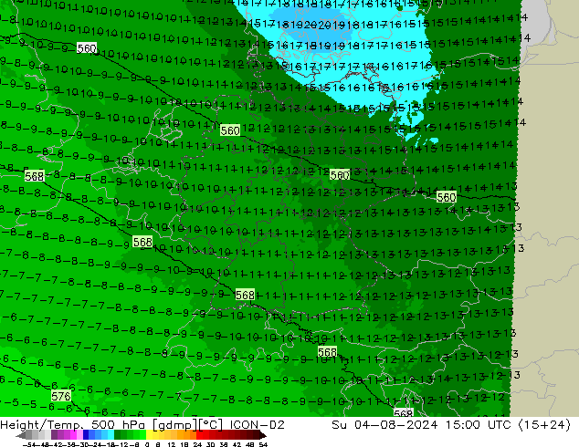 Hoogte/Temp. 500 hPa ICON-D2 zo 04.08.2024 15 UTC