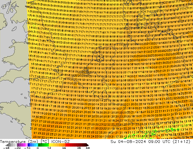Temperatuurkaart (2m) ICON-D2 zo 04.08.2024 09 UTC