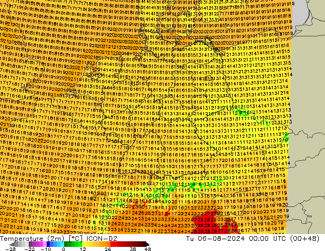Temperatuurkaart (2m) ICON-D2 di 06.08.2024 00 UTC
