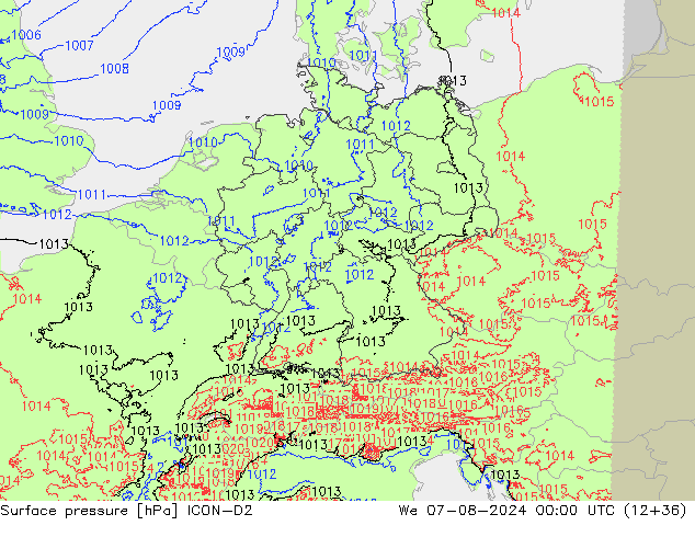 地面气压 ICON-D2 星期三 07.08.2024 00 UTC