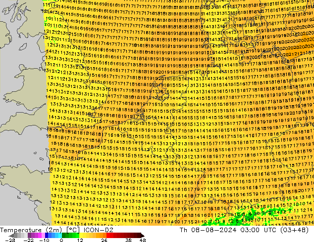 温度图 ICON-D2 星期四 08.08.2024 03 UTC