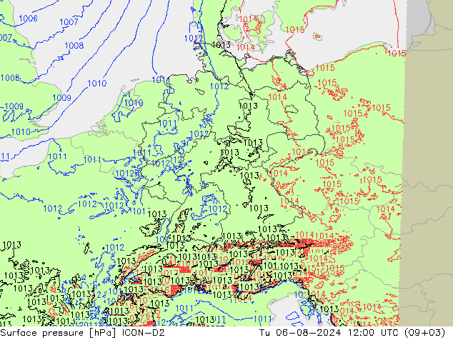 地面气压 ICON-D2 星期二 06.08.2024 12 UTC