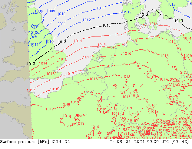 Luchtdruk (Grond) ICON-D2 do 08.08.2024 09 UTC