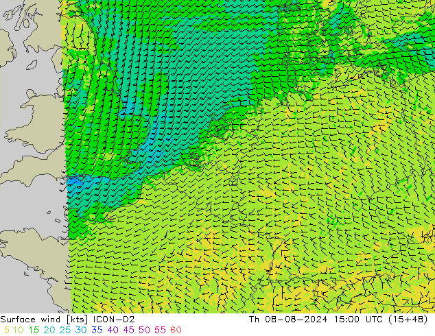 风 10 米 ICON-D2 星期四 08.08.2024 15 UTC