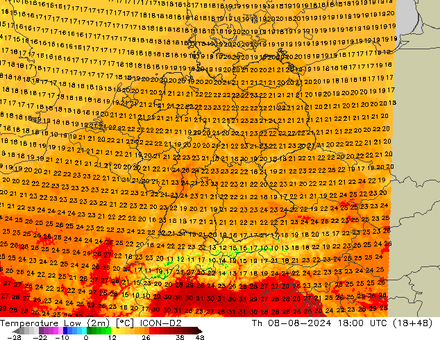 Min.temperatuur (2m) ICON-D2 do 08.08.2024 18 UTC