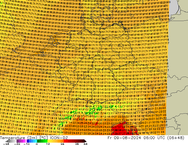 Temperatuurkaart (2m) ICON-D2 vr 09.08.2024 06 UTC