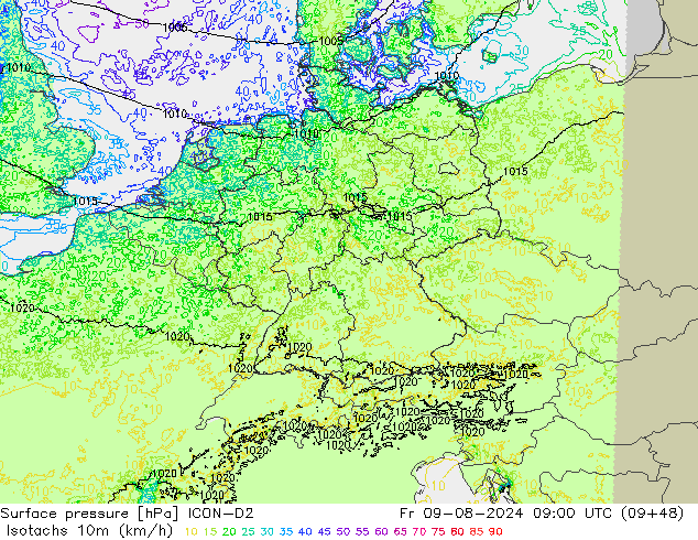 Isotachen (km/h) ICON-D2 vr 09.08.2024 09 UTC