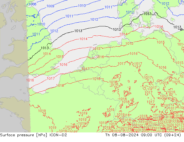 Luchtdruk (Grond) ICON-D2 do 08.08.2024 09 UTC