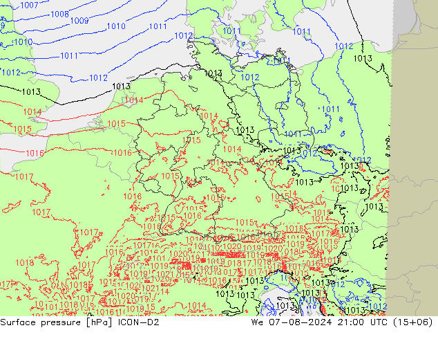 Luchtdruk (Grond) ICON-D2 wo 07.08.2024 21 UTC