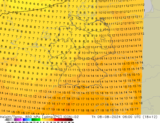 Hoogte/Temp. 850 hPa ICON-D2 do 08.08.2024 06 UTC