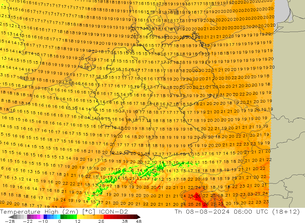 Max.temperatuur (2m) ICON-D2 do 08.08.2024 06 UTC