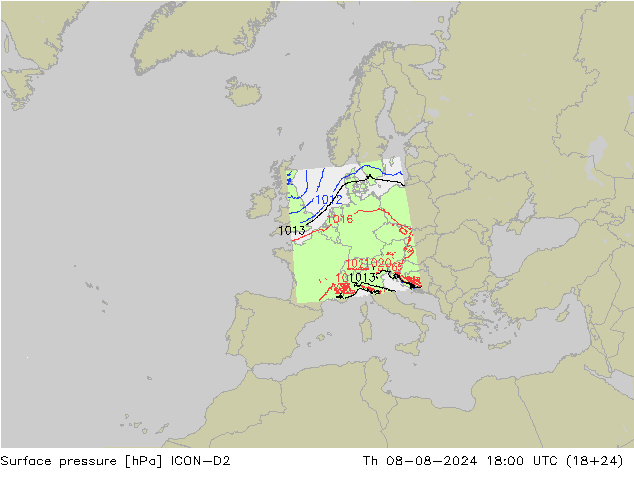 Luchtdruk (Grond) ICON-D2 do 08.08.2024 18 UTC