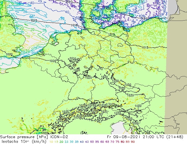 10米等风速线 (kph) ICON-D2 星期五 09.08.2024 21 UTC