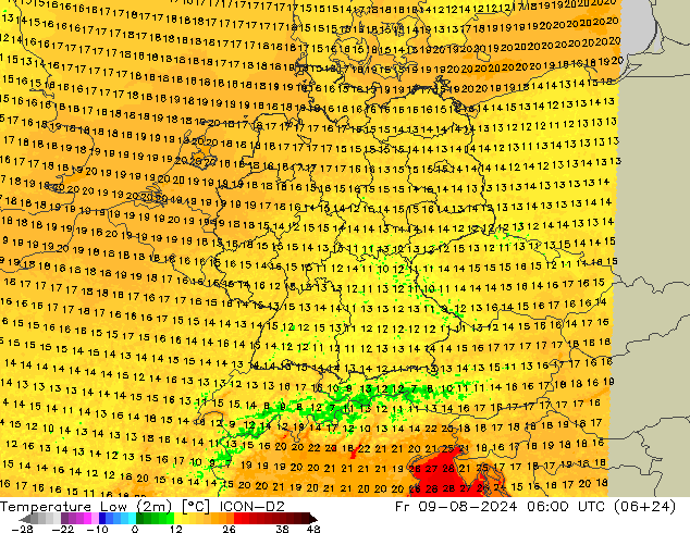 Min.temperatuur (2m) ICON-D2 vr 09.08.2024 06 UTC