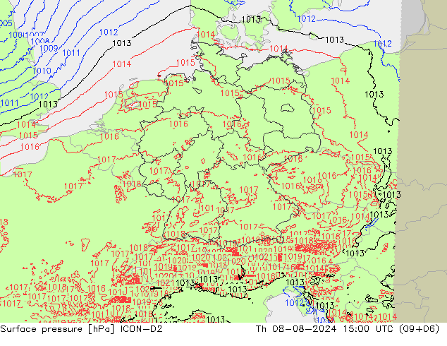 地面气压 ICON-D2 星期四 08.08.2024 15 UTC