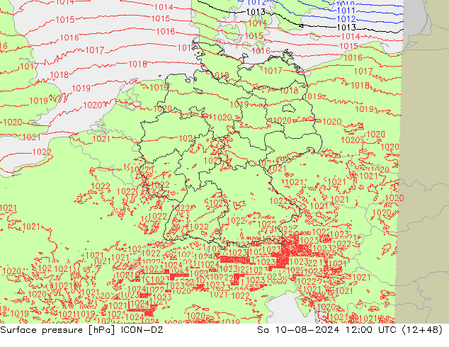 地面气压 ICON-D2 星期六 10.08.2024 12 UTC