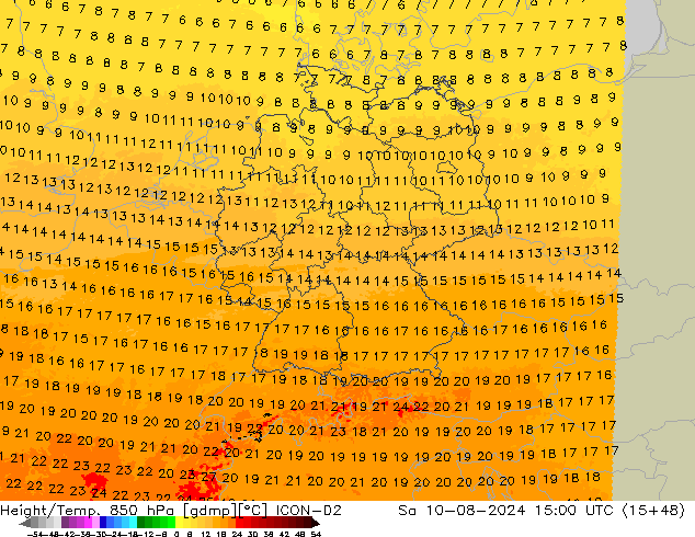 Hoogte/Temp. 850 hPa ICON-D2 za 10.08.2024 15 UTC