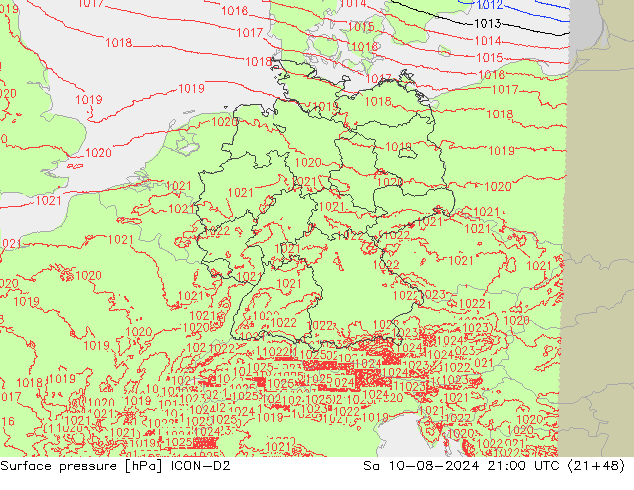 地面气压 ICON-D2 星期六 10.08.2024 21 UTC