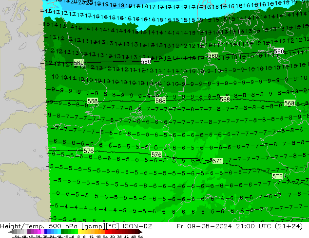 Hoogte/Temp. 500 hPa ICON-D2 vr 09.08.2024 21 UTC