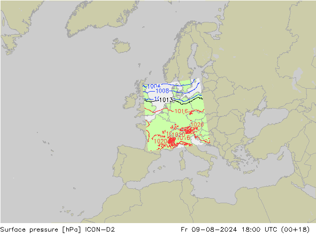 地面气压 ICON-D2 星期五 09.08.2024 18 UTC