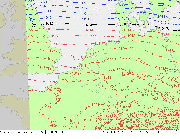 地面气压 ICON-D2 星期六 10.08.2024 00 UTC