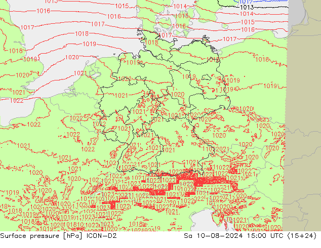 地面气压 ICON-D2 星期六 10.08.2024 15 UTC