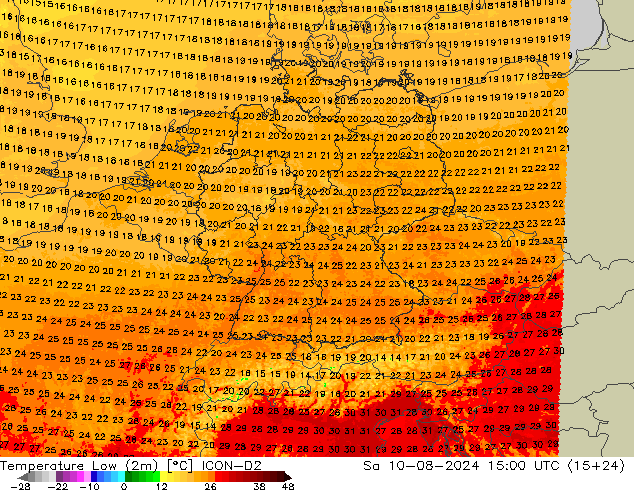 Min.temperatuur (2m) ICON-D2 za 10.08.2024 15 UTC