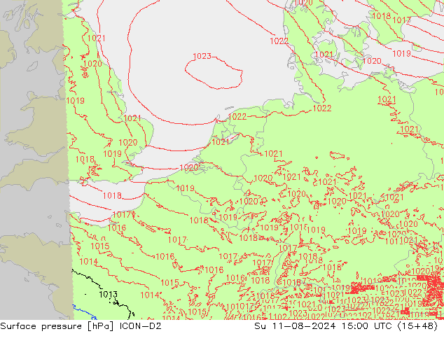 Luchtdruk (Grond) ICON-D2 zo 11.08.2024 15 UTC