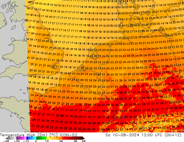 Temperature High (2m) ICON-D2 星期六 10.08.2024 12 UTC