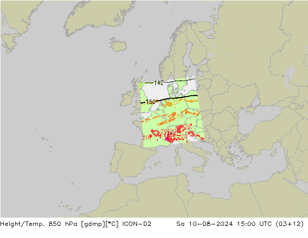 Hoogte/Temp. 850 hPa ICON-D2 za 10.08.2024 15 UTC