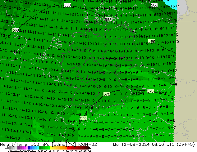 Hoogte/Temp. 500 hPa ICON-D2 ma 12.08.2024 09 UTC