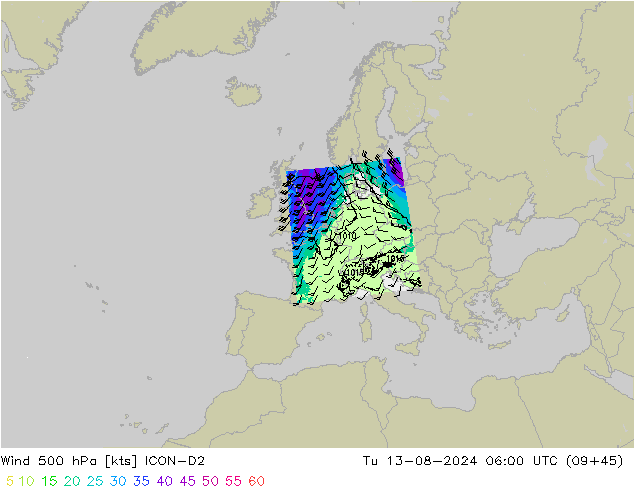 风 500 hPa ICON-D2 星期二 13.08.2024 06 UTC