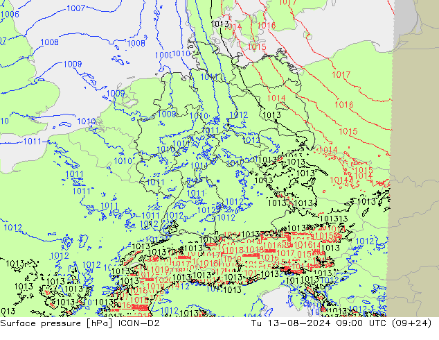 Luchtdruk (Grond) ICON-D2 di 13.08.2024 09 UTC