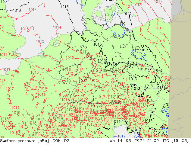 Luchtdruk (Grond) ICON-D2 wo 14.08.2024 21 UTC