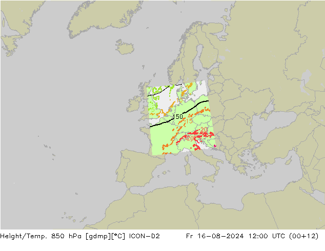 Hoogte/Temp. 850 hPa ICON-D2 vr 16.08.2024 12 UTC