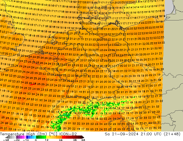 temperatura máx. (2m) ICON-D2 Sáb 21.09.2024 21 UTC